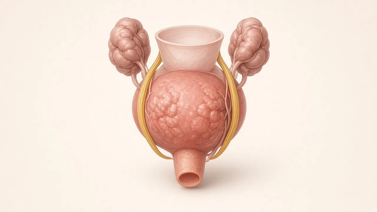 Unlabeled illustration of the prostate with neurovascular bundles along each side