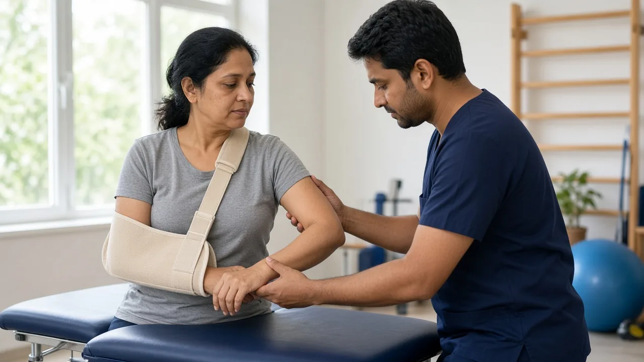 Adult patient in a shoulder sling during physiotherapy after shoulder arthroscopy