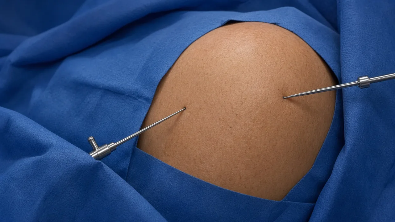 Adult shoulder draped for arthroscopy with two thin instruments entering small portals
