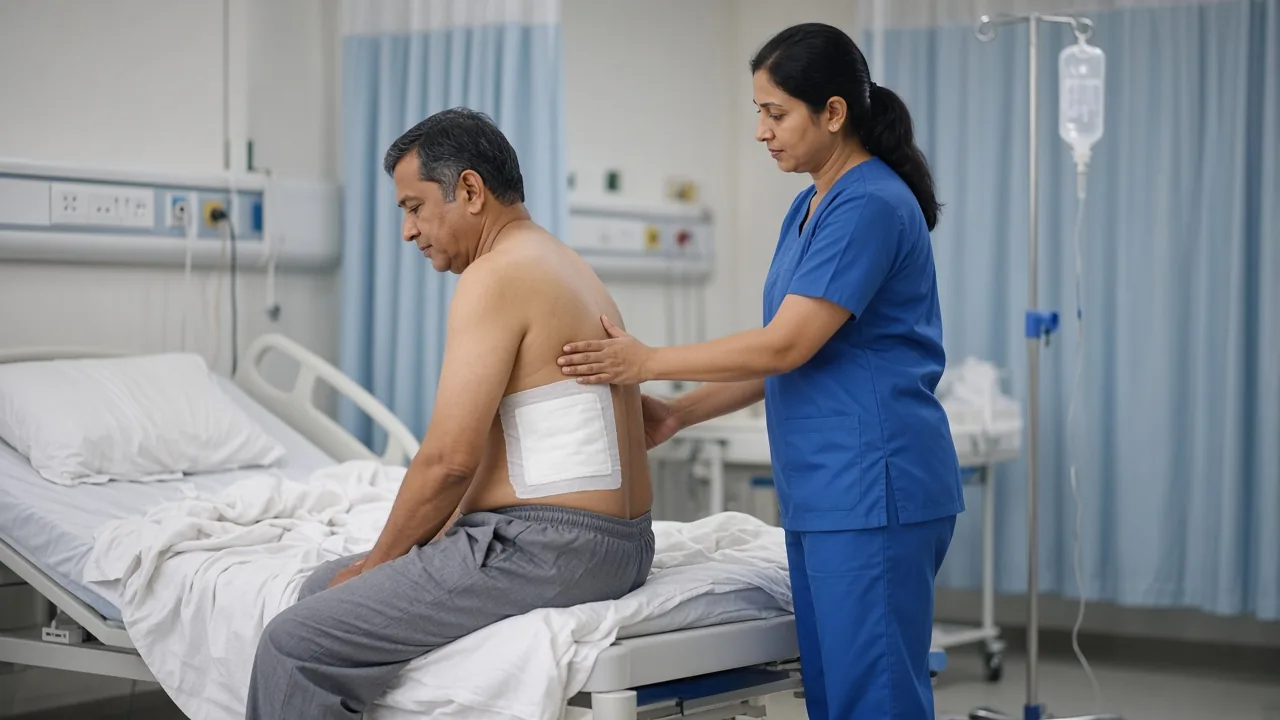 Physiotherapist assisting early walking after spinal tumour surgery