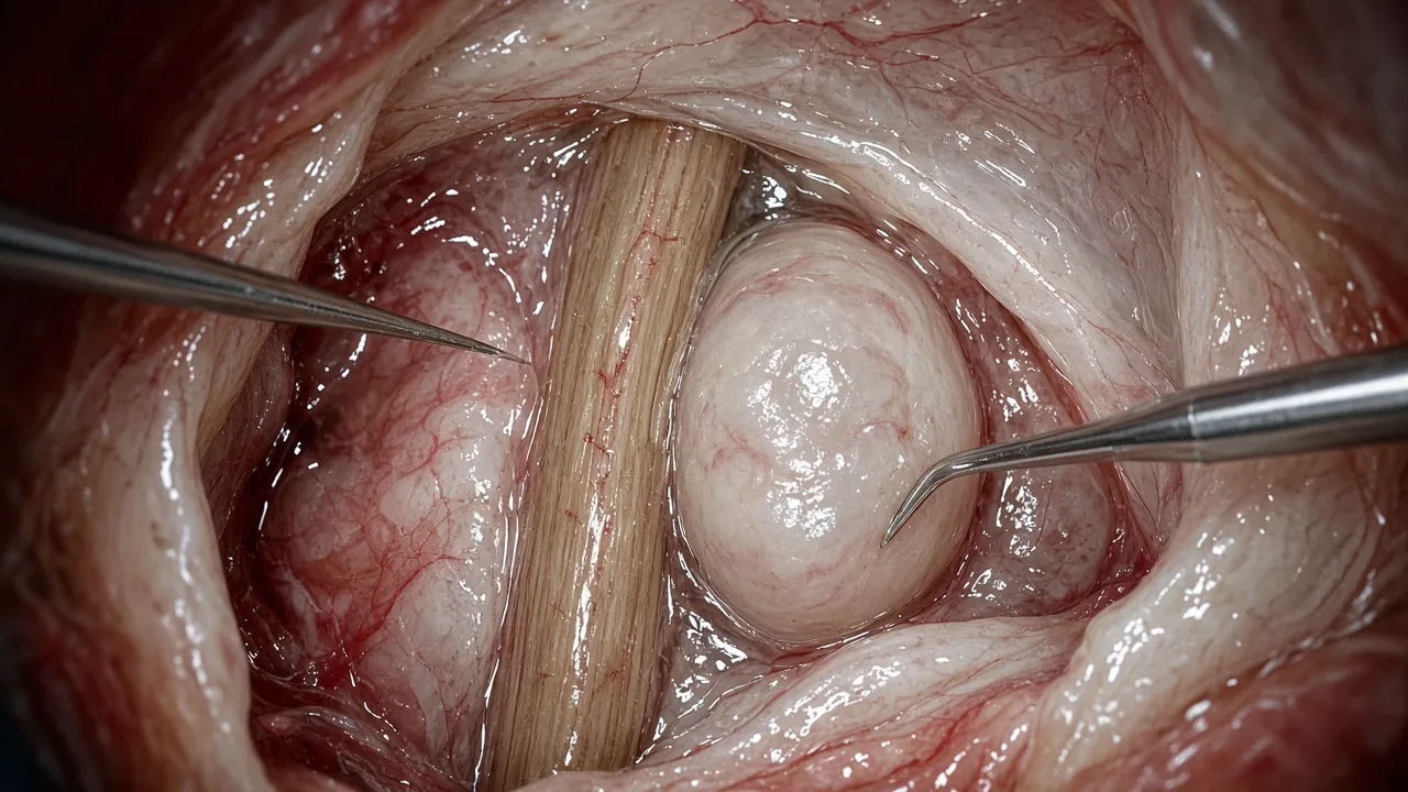 Intradural extramedullary schwannoma beside the spinal cord after the dura is opened