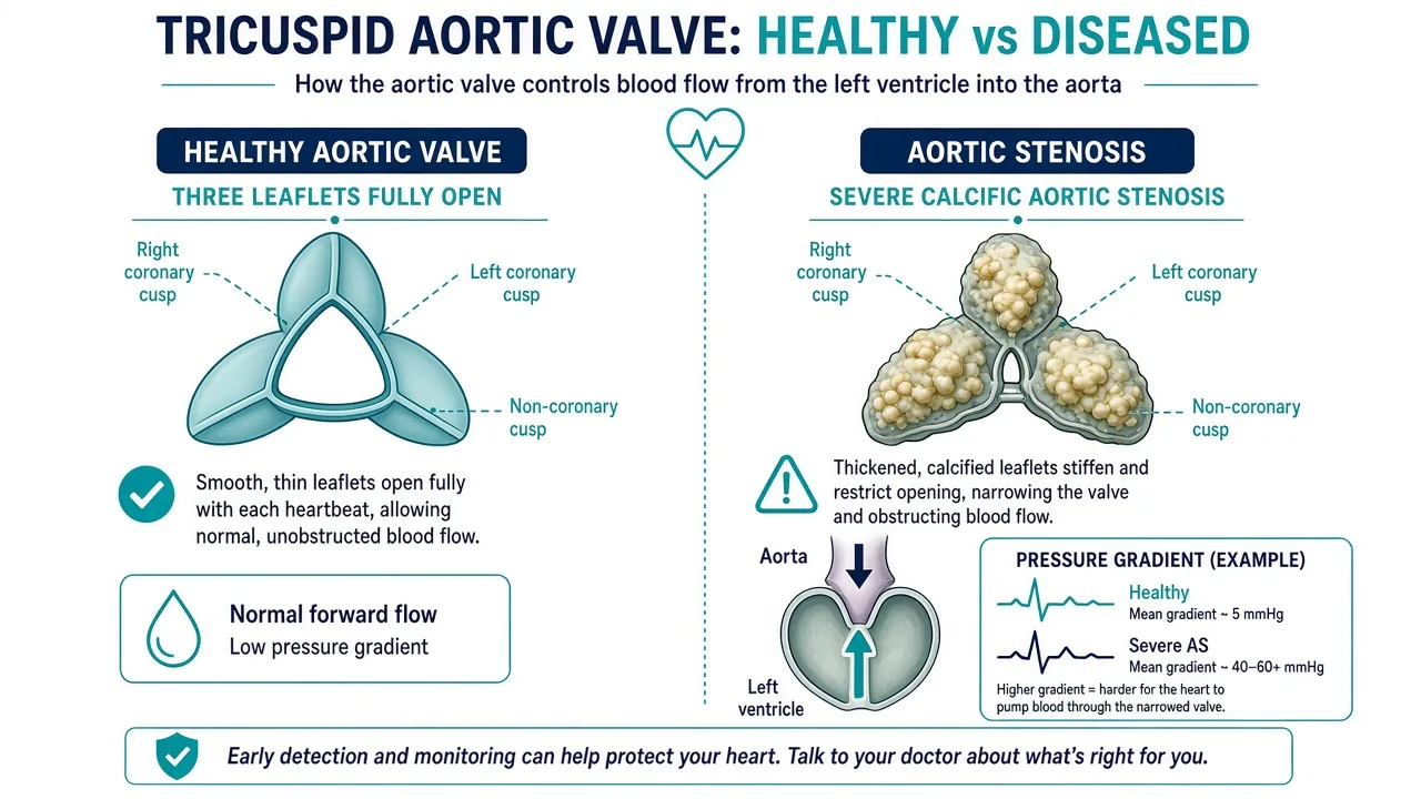 Educational illustration of a healthy aortic valve versus calcific aortic stenosis