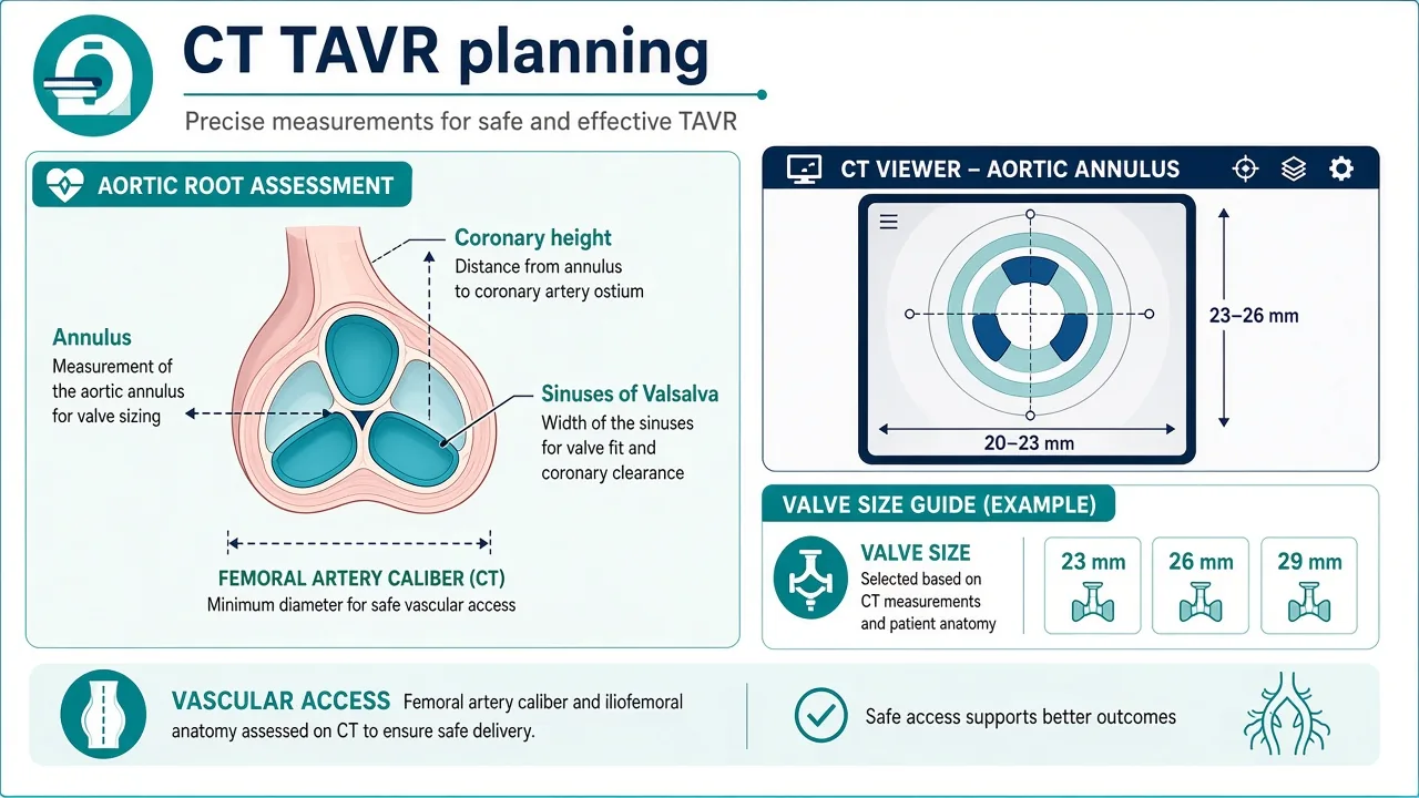 Educational illustration of CT TAVR planning for annulus size, coronary height and vascular access