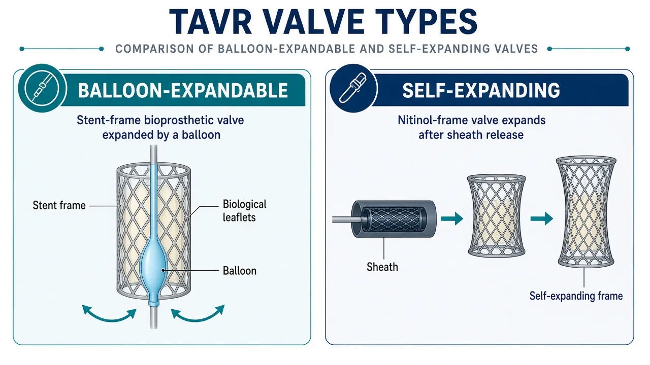 Educational illustration of balloon-expandable and self-expanding TAVR valves