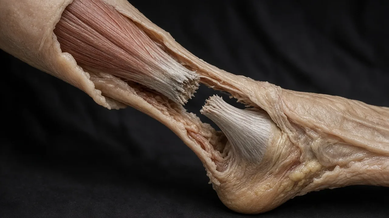 Adult anatomical heel specimen showing a complete midsubstance Achilles tendon rupture with a gap between stumps
