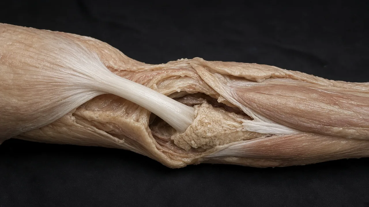 Adult anatomical elbow specimen showing a distal biceps tendon avulsed from the radial tuberosity