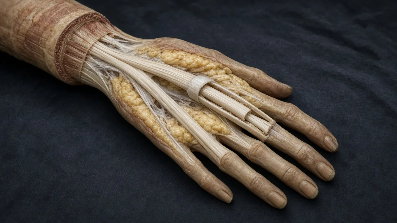 Adult anatomical hand specimen showing a zone II flexor tendon laceration inside the fibrous sheath