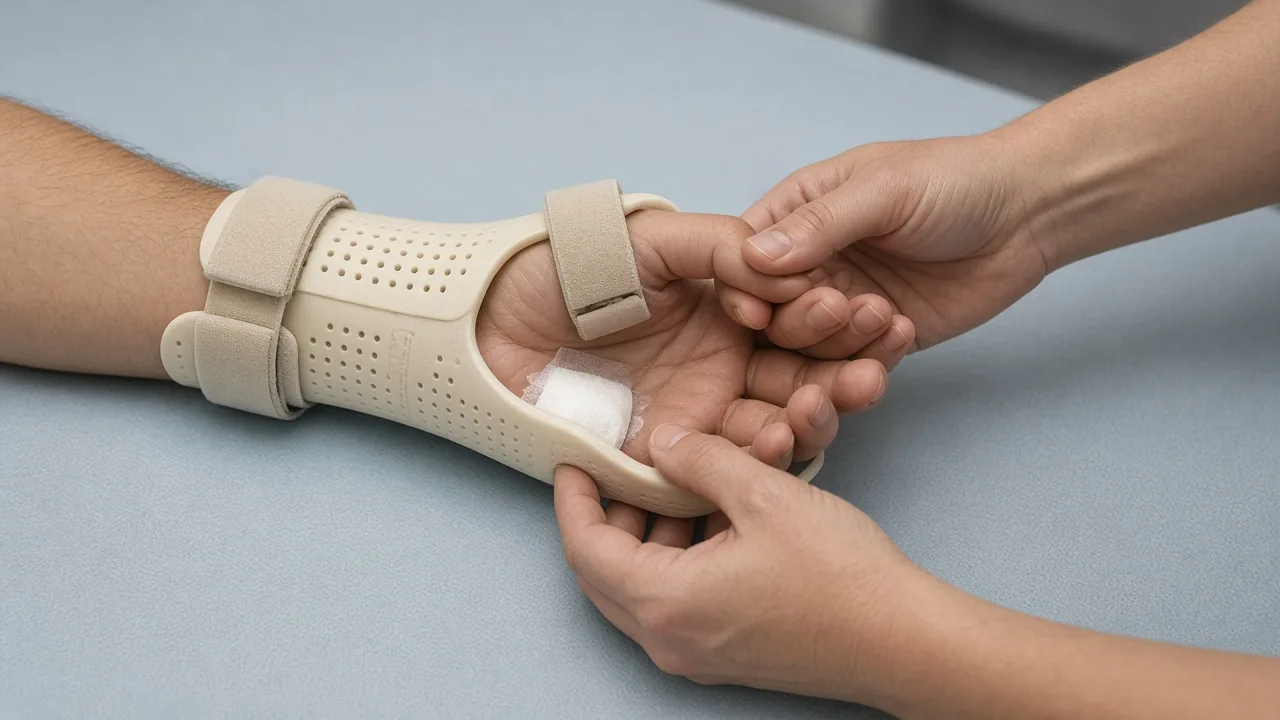 Adult hand in a dorsal blocking splint during tendon-gliding physiotherapy after flexor tendon repair