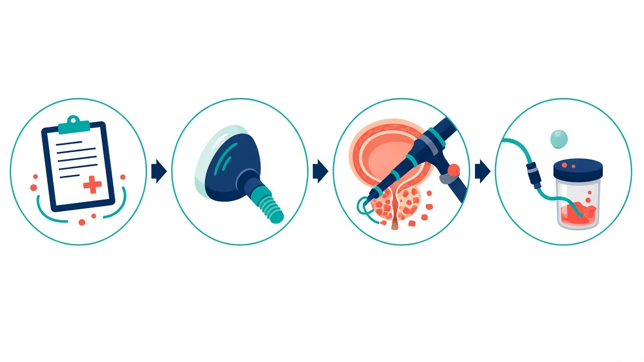 Unlabeled four-step pathway from records review to resectoscope, catheter and specimen