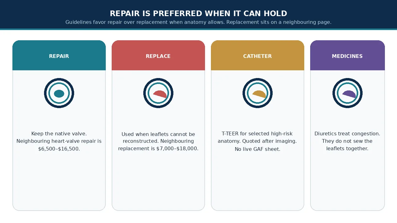 Educational illustration comparing repair, replacement, catheter treatment and medicines