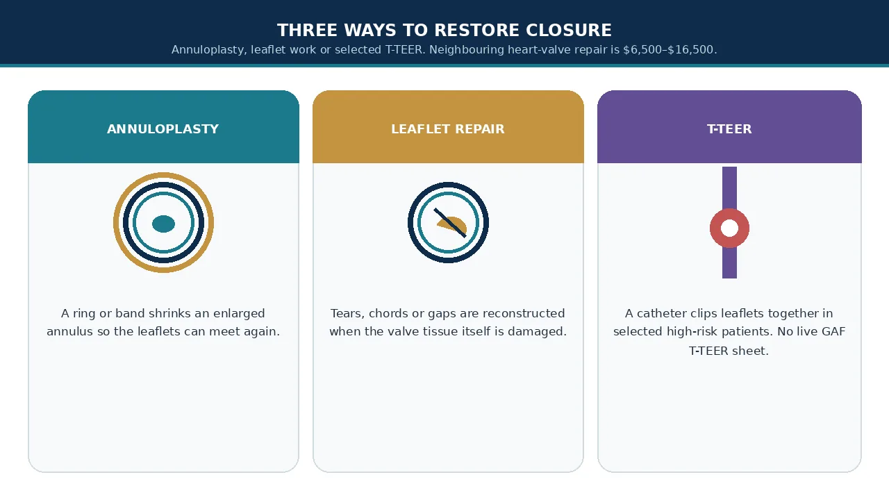 Educational illustration of annuloplasty, leaflet repair and T-TEER