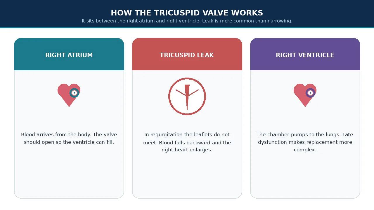 Educational illustration of right atrium, tricuspid leak and right ventricle