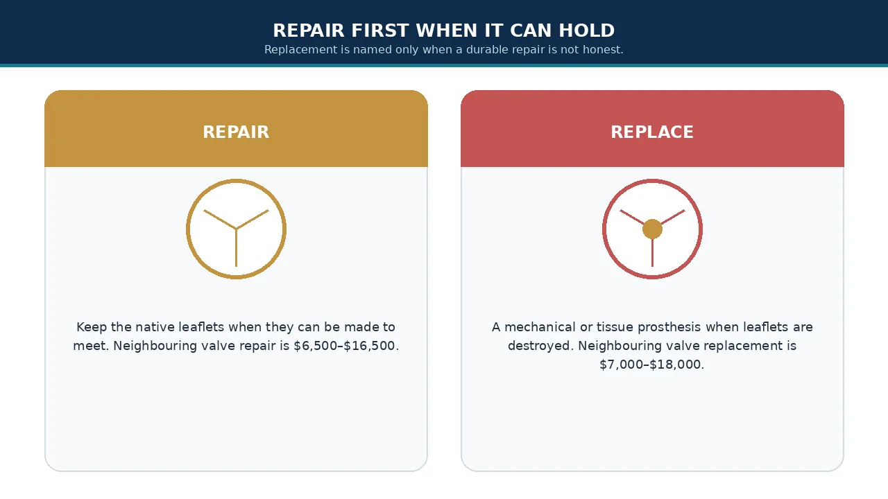 Educational illustration of repair versus replacement of the tricuspid valve