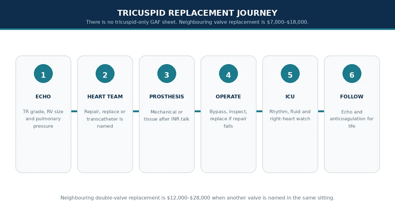 Educational illustration of the tricuspid replacement journey from echo to follow-up