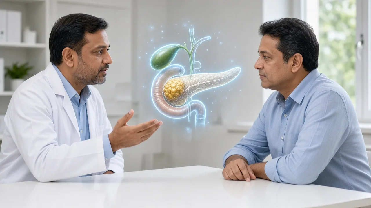Indian HPB surgeon explaining a holographic pancreatic-head tumour, duodenum and gallbladder during a Whipple consult