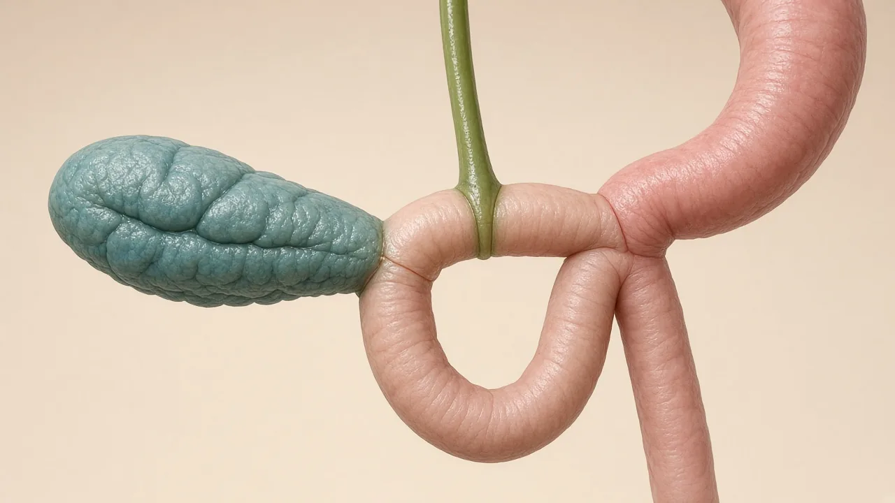 Educational illustration of remaining pancreas, bile duct and small-intestine reconstruction after Whipple surgery