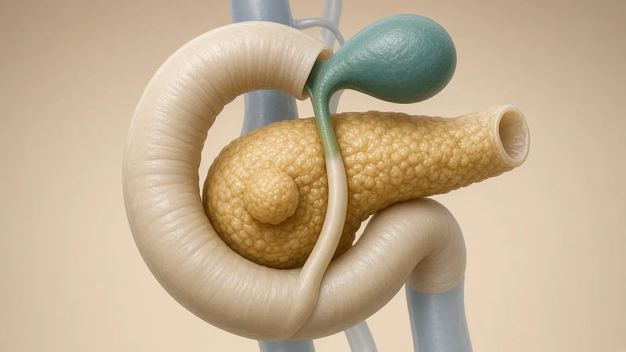 Close-up of a pancreatic-head tumour with the duodenum, gallbladder and bile duct used to explain what a Whipple procedure removes